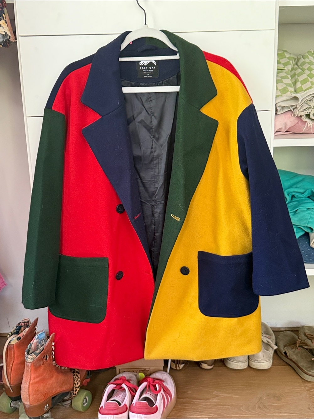 Lazy Oaf Colour Block Double-Breasted Coat in Red, Yellow, Navy, Green - Picture 4 of 6